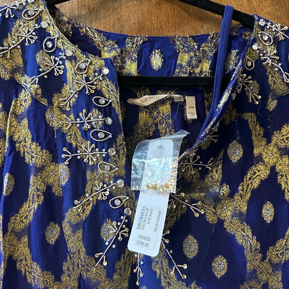 Soft Surroundings Blue and Gold Embroidered Top